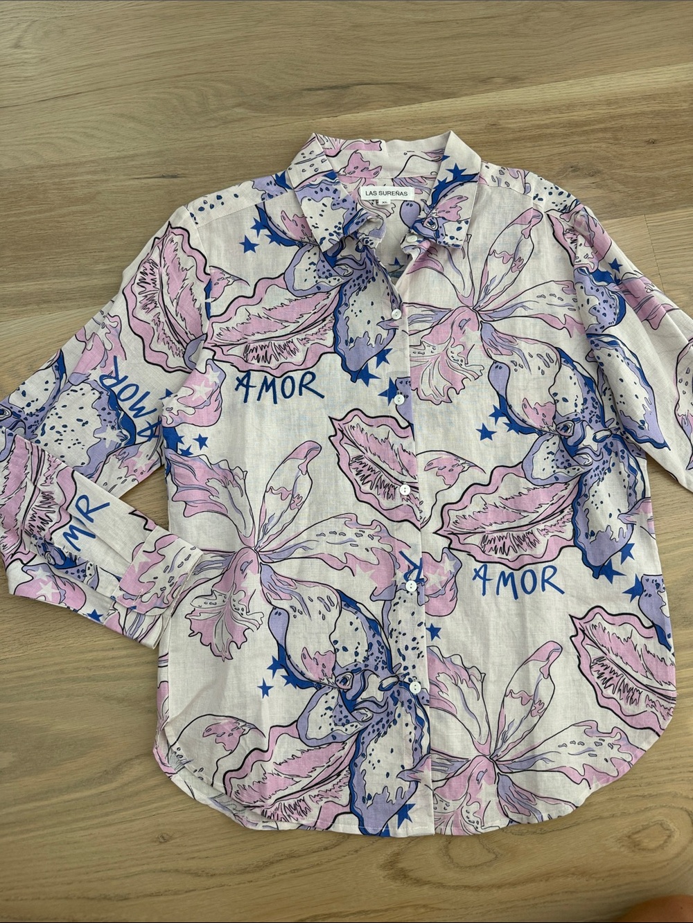 Las Sureñas Linen Blend Floral Graphic Amor Button Down Shirt Pink Blue XL